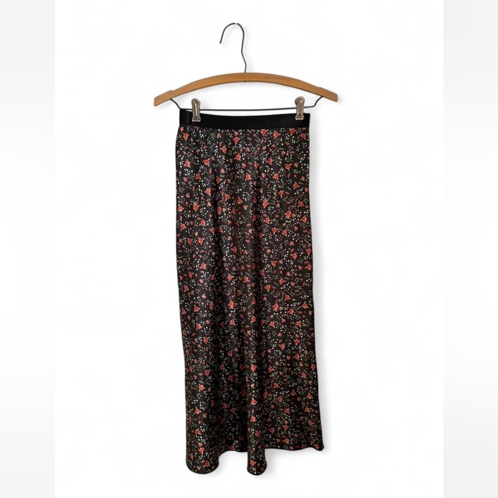 Knit Riot Black and Red Floral Midi Skirt XS